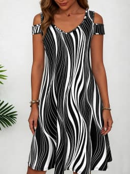 Women's Black White Wavy Stripe Print Cold Shoulder Midi Dress Summer Casual V Neck Short Sleeve A Line Flowy Sundress