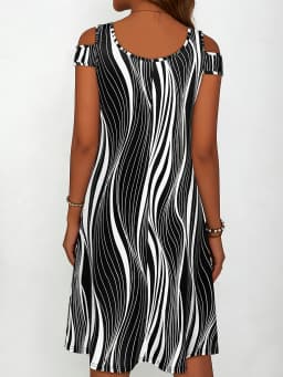 Women's Black White Wavy Stripe Print Cold Shoulder Midi Dress Summer Casual V Neck Short Sleeve A Line Flowy Sundress