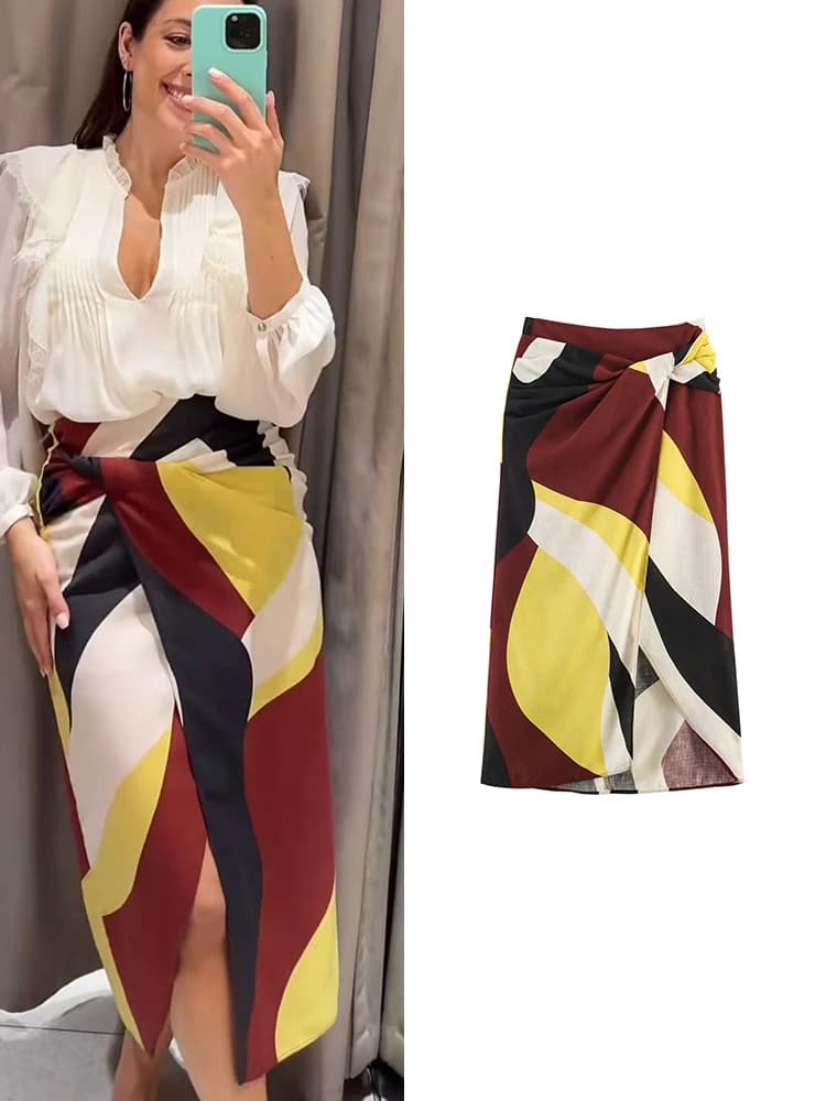 TFMLN Sexy Vintage Print Midi Skirt for Women Elegant Side Split Ruffles Long Skirt Casual Chic Summer Zipper Holiday Clothing