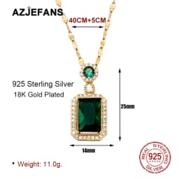 AZJEFANS 925 Sterling Silver 18K Gold Plated Emerald Zircon Pendant Necklace Gift For Girl Fine Jewelry