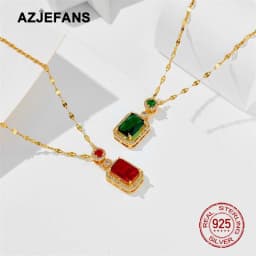 AZJEFANS 925 Sterling Silver 18K Gold Plated Emerald Zircon Pendant Necklace Gift For Girl Fine Jewelry