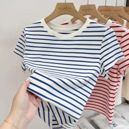 Striped Short Sleeve Women's T-Shirt 2026 Summer New Arrival Cotton Casual Versatile Slim Fit Fashion Tops Color Block Tee