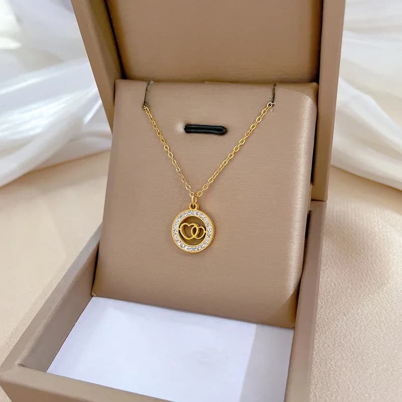 18K Gold Plated Double Ring Love Heart Pendant Necklace For Women Full Zircon Titanium Steel Necklace Lover Couple Gift