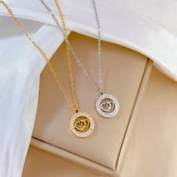 18K Gold Plated Double Ring Love Heart Pendant Necklace For Women Full Zircon Titanium Steel Necklace Lover Couple Gift