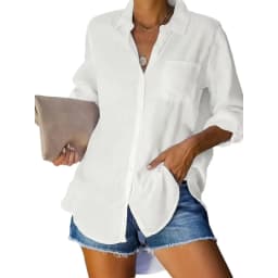 Casual, Everyday, Solid Color Basic Style — Long Sleeve, Collared, Button-Down Top (White) — Spring