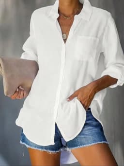Casual, Everyday, Solid Color Basic Style — Long Sleeve, Collared, Button-Down Top (White) — Spring