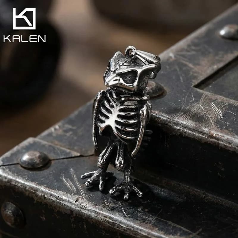 KALEN Fashion Men's Stainless Steel Gothic Owl Skeleton Pendant Oxidized Darkness Punk Style Necklace Box Chain Wholesale Gift