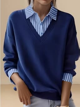 Women's solid-color long-sleeve polo shirt with color-block collar design stylish and casual knitted top for spring and summer