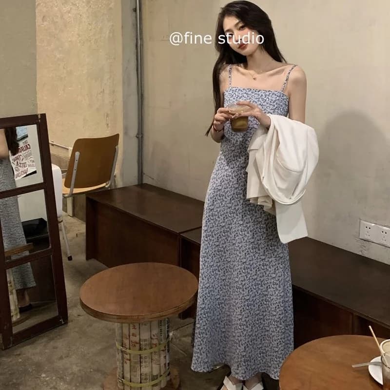 Women Summer Slip Long Dress Lady Floral Blue Slim French Style Dress Female Vintage Vacation Dress