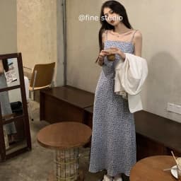 Women Summer Slip Long Dress Lady Floral Blue Slim French Style Dress Female Vintage Vacation Dress