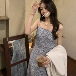Women Summer Slip Long Dress Lady Floral Blue Slim French Style Dress Female Vintage Vacation Dress
