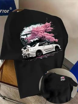 Unique JDM Sports Car and Cherry Blossom Print on Breathable Comfortable 100% Cotton Mens T shirt Great Summer Casual Hangouts
