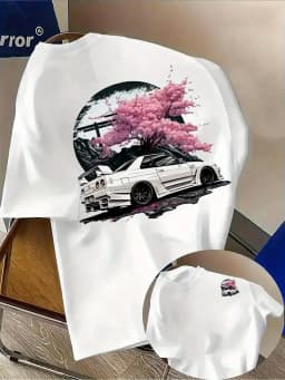 Unique JDM Sports Car and Cherry Blossom Print on Breathable Comfortable 100% Cotton Mens T shirt Great Summer Casual Hangouts