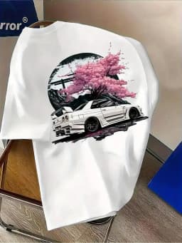 Unique JDM Sports Car and Cherry Blossom Print on Breathable Comfortable 100% Cotton Mens T shirt Great Summer Casual Hangouts