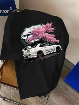 Unique JDM Sports Car and Cherry Blossom Print on Breathable Comfortable 100% Cotton Mens T shirt Great Summer Casual Hangouts