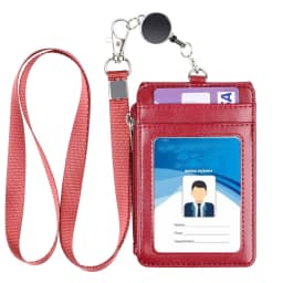 Leather Badge Holder with Lanyard and Retractable Badge Reel, 4 Card Slots ID Card Holder with 1 Zipper Pocket for Office School