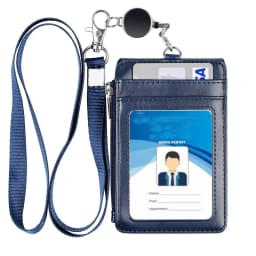 Leather Badge Holder with Lanyard and Retractable Badge Reel, 4 Card Slots ID Card Holder with 1 Zipper Pocket for Office School