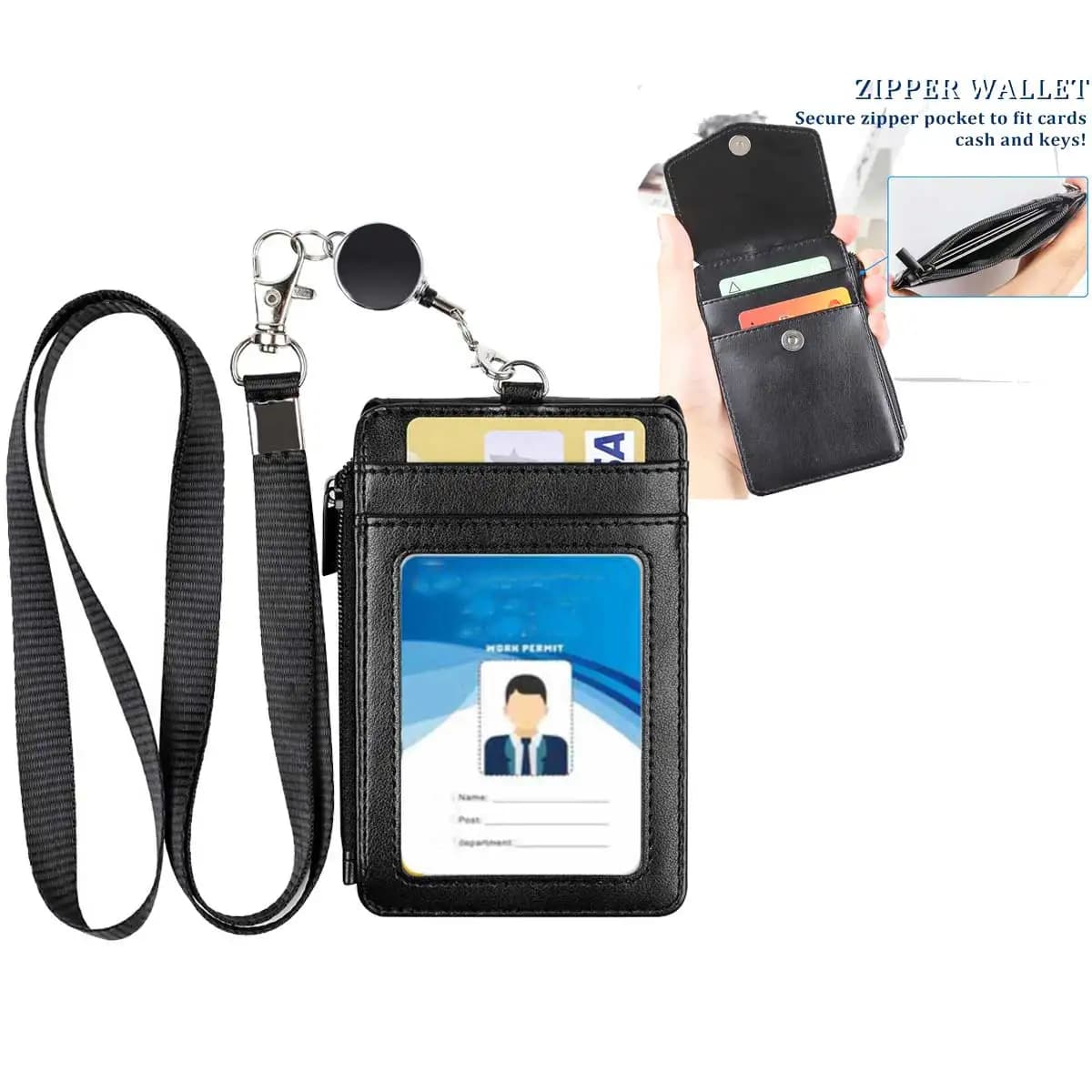Leather Badge Holder with Lanyard and Retractable Badge Reel, 4 Card Slots ID Card Holder with 1 Zipper Pocket for Office School