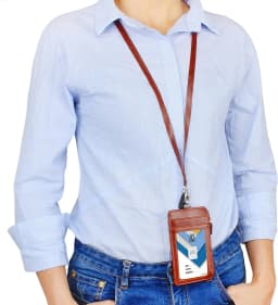 Leather Badge Holder with Lanyard and Retractable Badge Reel, 4 Card Slots ID Card Holder with 1 Zipper Pocket for Office School