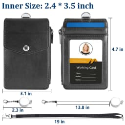 Leather Badge Holder with Lanyard and Retractable Badge Reel, 4 Card Slots ID Card Holder with 1 Zipper Pocket for Office School