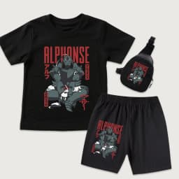 Full Metal Alchemist Alphonse Anime Print Cotton Kids Outfit Boys Girls T Shirt Shorts Mini Chest Bag 3Pcs Set