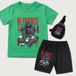 Full Metal Alchemist Alphonse Anime Print Cotton Kids Outfit Boys Girls T Shirt Shorts Mini Chest Bag 3Pcs Set