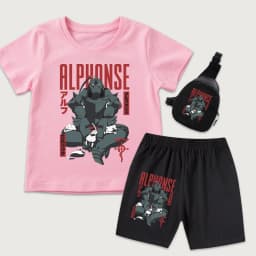 Full Metal Alchemist Alphonse Anime Print Cotton Kids Outfit Boys Girls T Shirt Shorts Mini Chest Bag 3Pcs Set