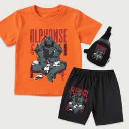 Full Metal Alchemist Alphonse Anime Print Cotton Kids Outfit Boys Girls T Shirt Shorts Mini Chest Bag 3Pcs Set
