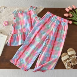 Colorful Cute Checkered Set Summer New Style Girls Aged 3-10 Wear Street Style Korean Edition Fashion Casual Children's Clothing