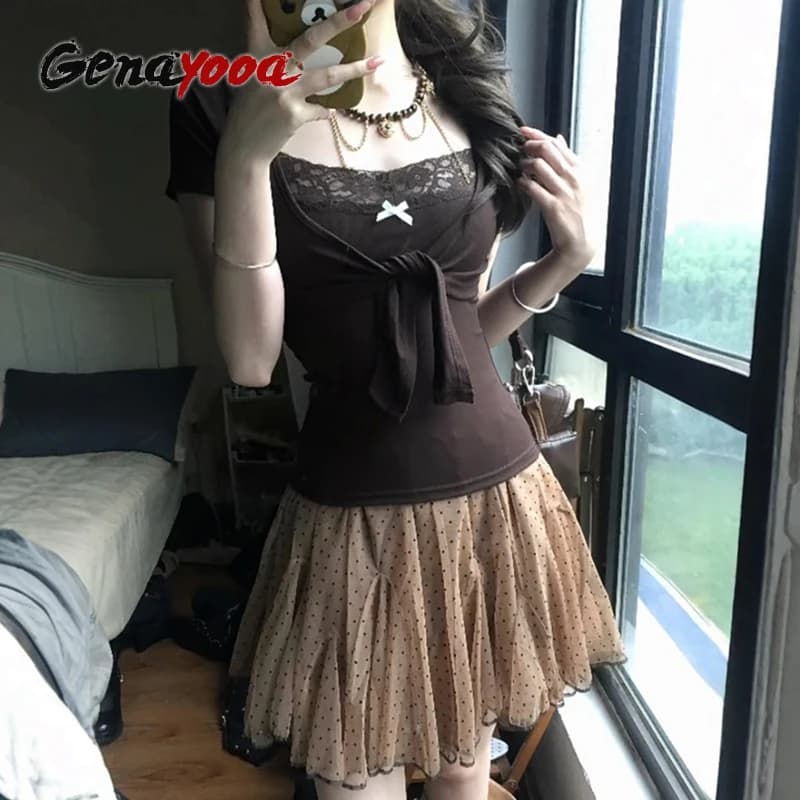 Genayooa Japanese Y2k Two Pieces Tops Women Short Sleeve Lace Patchwork Camis + Lace Up Smock Fairycore 2000s Tee Tops E-girls
