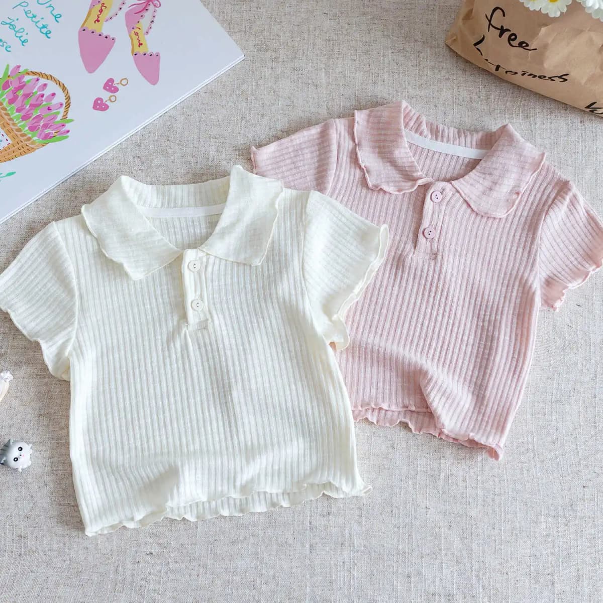 Girls' Short-Sleeve T-Shirt, Summer Korean-Style Sweet Doll Collar Top for Young Girls, Fashionable Base Layer for Toddlers