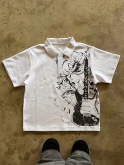 Men's White Short-sleeved Polo Shirt with Punk Guitar Print, Y2K American Trendy Streetwear, Fashionable Retro Classic Shirt.