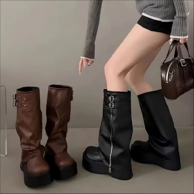 2026Arrival Fashionable Wide-Leg Knight Long Boots with Inner Elevator & Thick Sole, Side Zipper, Belt Buckle and Slouchy Design