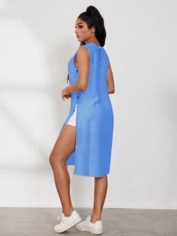 Women's Sleeveless Long Tunic Shirt, Casual Round Neck Button Side Slit Tunic Top, Solid Color Summer Blouse For Ladies