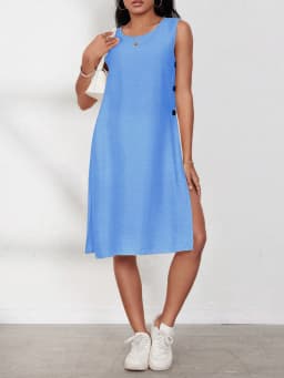 Women's Sleeveless Long Tunic Shirt, Casual Round Neck Button Side Slit Tunic Top, Solid Color Summer Blouse For Ladies