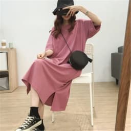 New Korean Short-sleeve Solid Color Side Cut Cotton Maxi Dresses Female Student Loose Basic Round Neck Style Long Dress