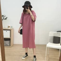 New Korean Short-sleeve Solid Color Side Cut Cotton Maxi Dresses Female Student Loose Basic Round Neck Style Long Dress