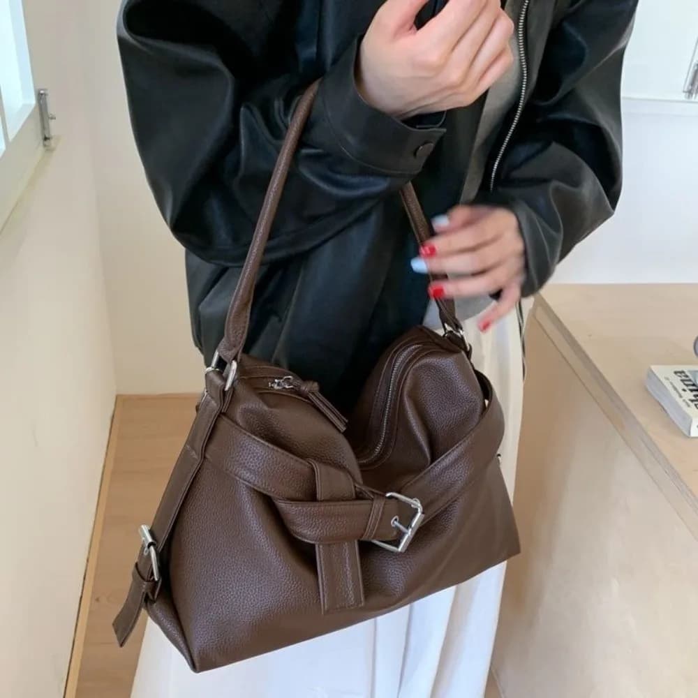 Fashionable Large Capacity Shoulder Bag Black Soft Leather Motorcycle Handbag Tote Bag Women