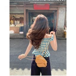 Women's Off Shoulder Gingham Blouse Summer Slim Fit Plaid Floral Print Short Sleeve Peplum Top Blue