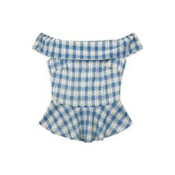 Women's Off Shoulder Gingham Blouse Summer Slim Fit Plaid Floral Print Short Sleeve Peplum Top Blue