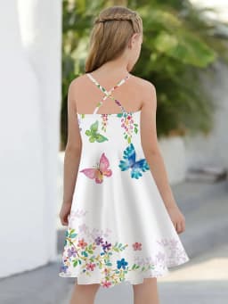 Girls Spaghetti Strap Dress, Butterfly Floral Print Criss Cross Back Soft Sundress for Spring Summer Beach Holiday Kids Wear