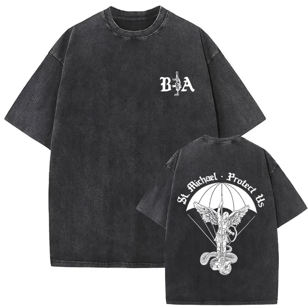 Washed Vintage Brothers in Arms ST Michael Protect Us T-shirt Forward Observations Group T-shirts Men Retro Oversized T Shirts