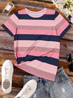 Rainbow Striped Women T Shirt Oversized Clothes Trend Casual Short Sleeve Crew Neck T Shirts Summer Lady Tees Daily Soft Wear