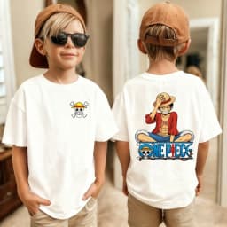 2026 One Piece Japanese Anime Print Boys' Short-Sleeve T-Shirt, Luffy Pattern, Pure Cotton Crew Neck Top, Suitable for Children.