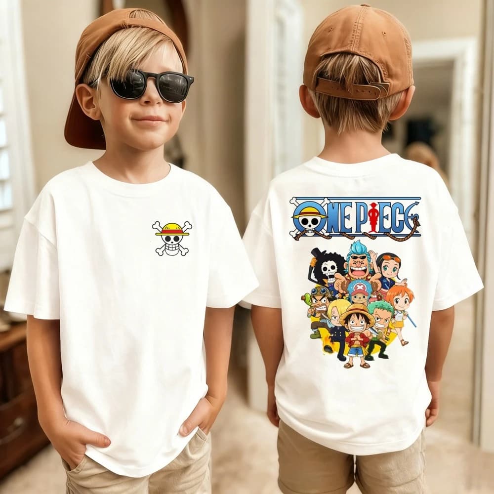 2026 One Piece Japanese Anime Print Boys' Short-Sleeve T-Shirt, Luffy Pattern, Pure Cotton Crew Neck Top, Suitable for Children.