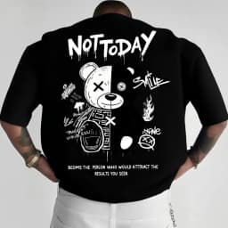 American Men's Summer Spliced Teddy Bear Letter Cherry Blossom Comfortable and Breathable Round Neck T-Shirt Outdoor Street Top