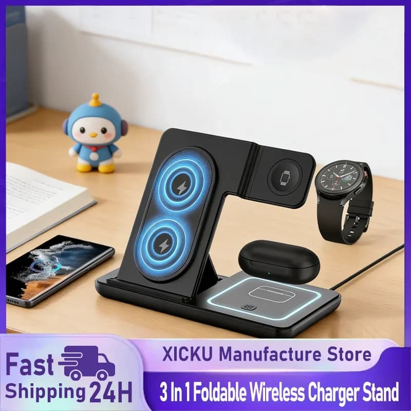 3 In 1 Foldable Wireless Charger Stand LED Fast Charging Station for Samsung S24 S23 Galaxy Watch 2-8 Active Buds Pro