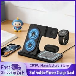 3 In 1 Foldable Wireless Charger Stand LED Fast Charging Station for Samsung S24 S23 Galaxy Watch 2-8 Active Buds Pro