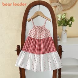 Bear Leader Korean Version Sweet and Cute Girls Clothing Suspender Printed Checkered Patchwork Dress New Summer Kids Clothes