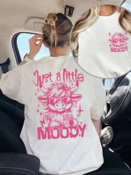 Just A Little Moody Print T-shirt Double Sided Highland Cow Graphic Short Sleeve Tops Women Spring Summer Casual Tee